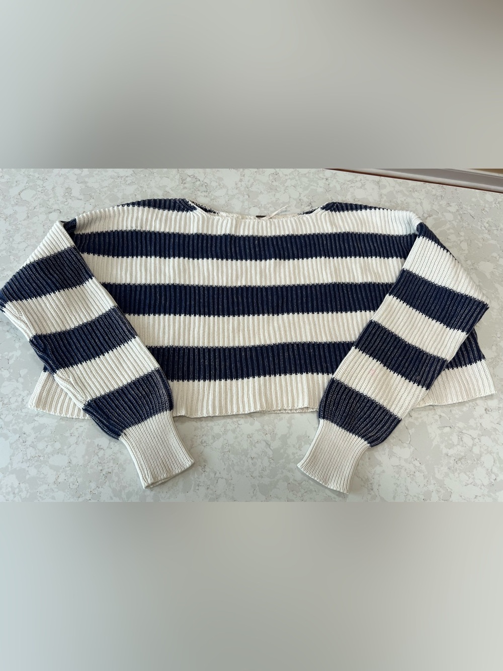 Free People Cropped Navy and White Striped Crew Sweater